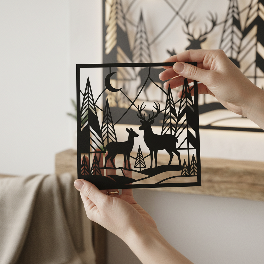 Personalized deer family name sign with forest and mountains in black steel – image 5