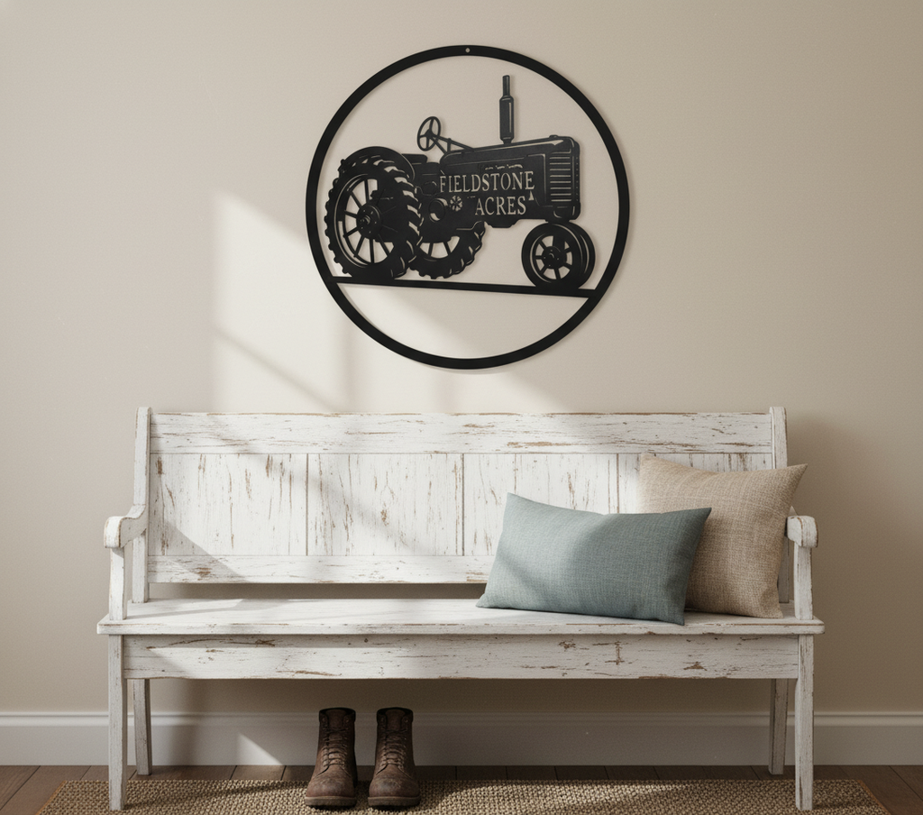 Personalisiertes rundes Hofschild mit Traktor und Hofname aus schwarzem Stahl – Bild 10