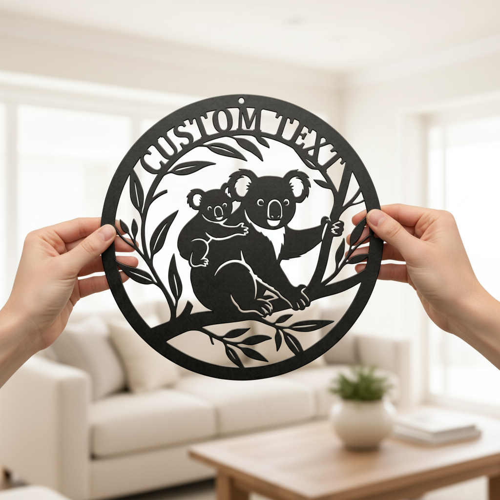 Personalized round koala baby name sign with eucalyptus in black steel – image 3
