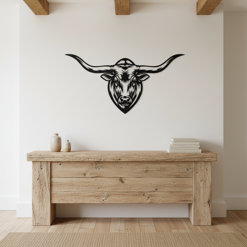 Longhorn Stierkopf Wanddeko mit ausladenden Hörnern aus schwarzem Stahl – Bild 3