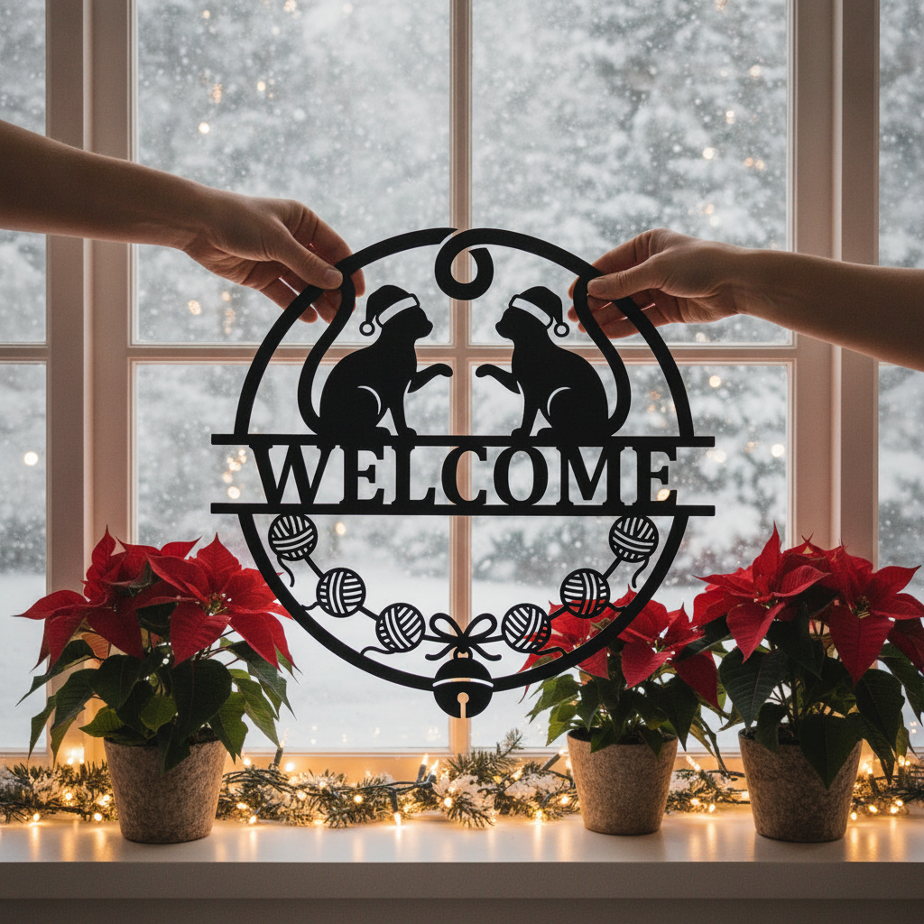 Personalisiertes Weihnachtskatze Willkommensschild mit Namen aus schwarzem Stahl – Bild 8
