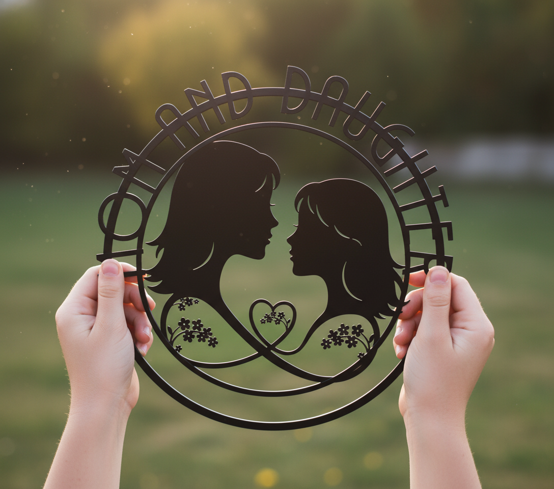 Personalisiertes Mama und Tochter Silhouette Metallschild rund mit Herz – Bild 7