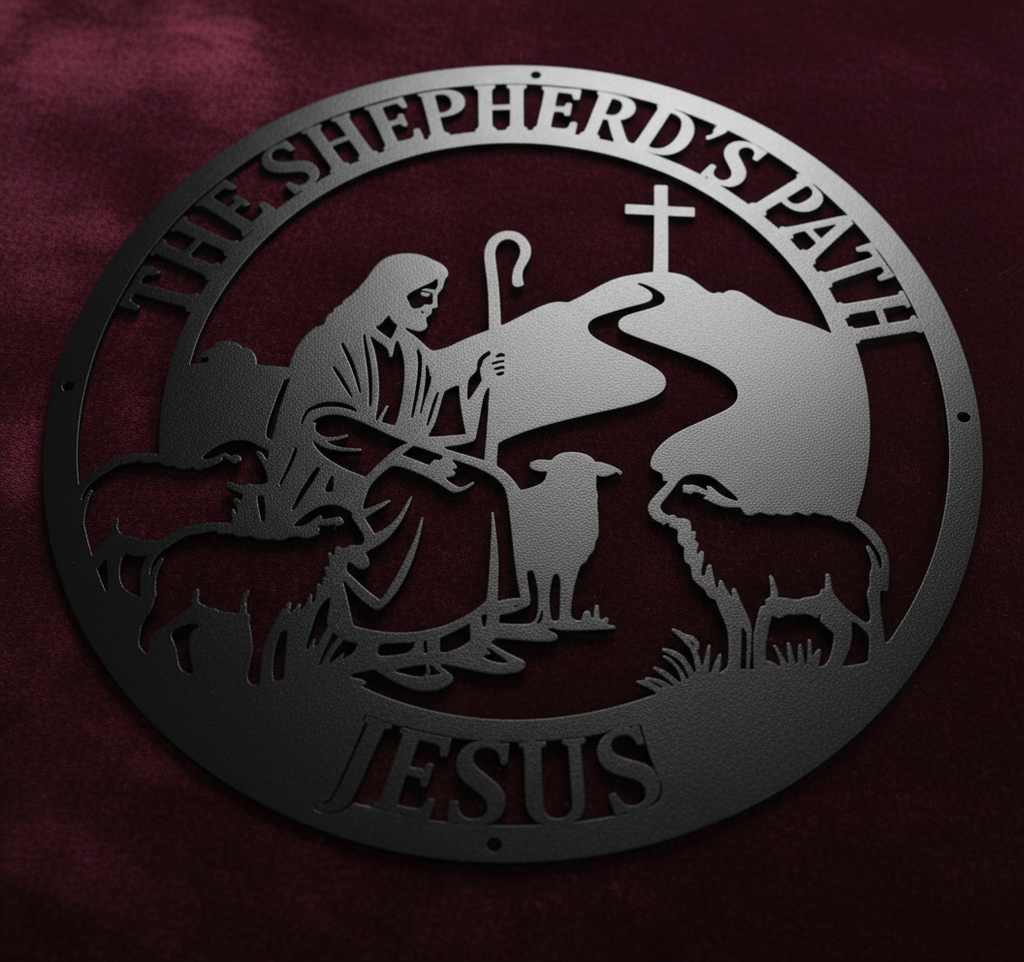 Rundes Metallschild Jesus der gute Hirte mit Lämmern und Kreuz aus schwarzem Stahl – Bild 10
