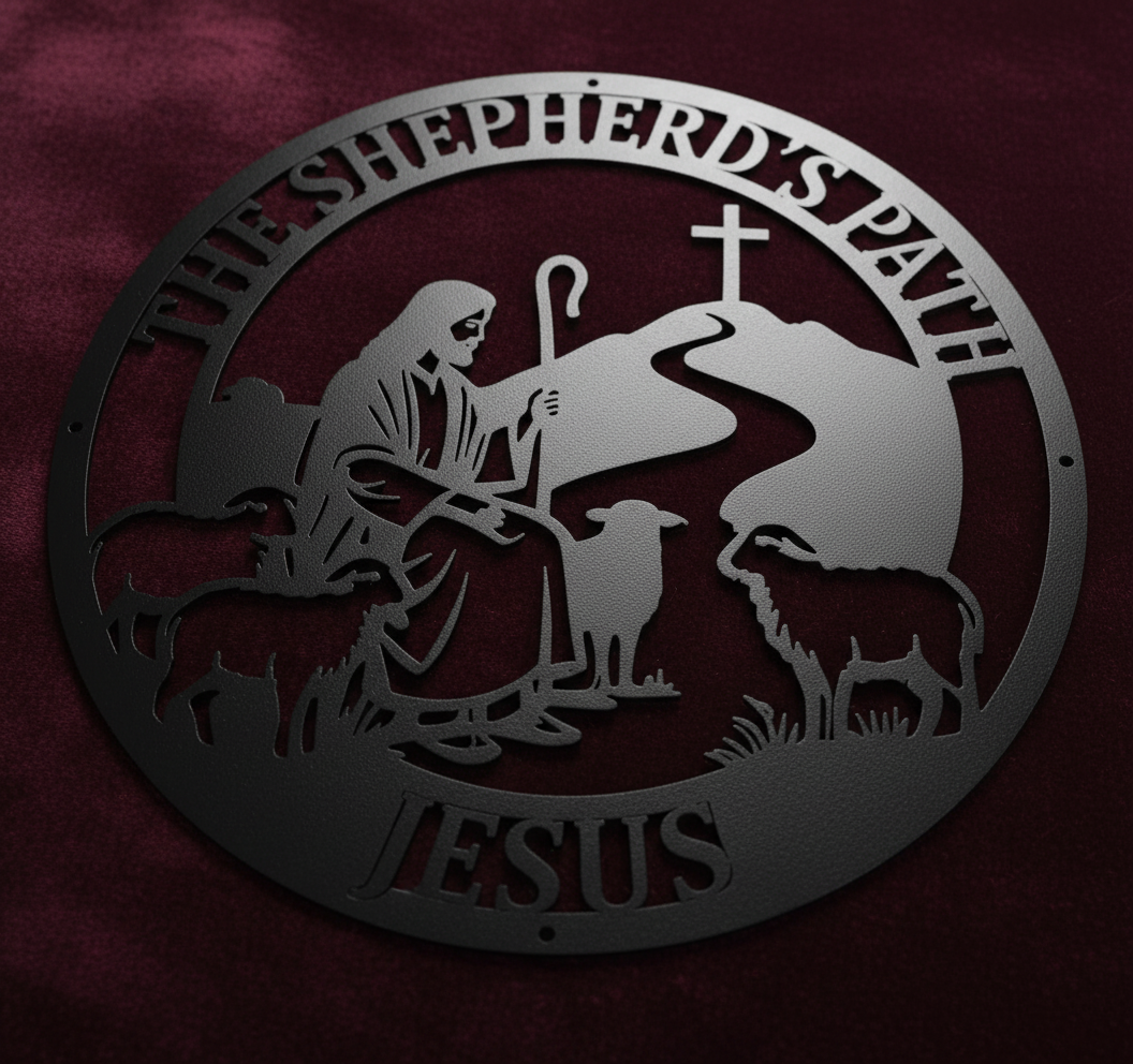 Rundes Metallschild Jesus der gute Hirte mit Lämmern und Kreuz aus schwarzem Stahl – Bild 10