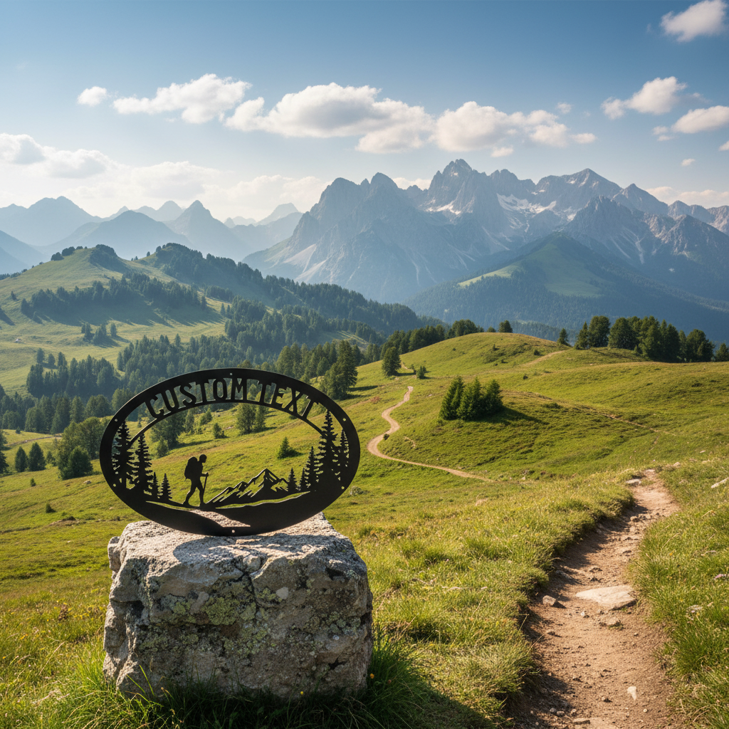 Personalized oval hiker metal sign with mountains and name in black steel