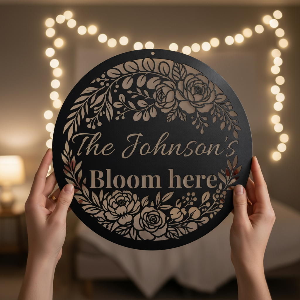 Personalisiertes Familienschild Bloom Here mit Blumen aus rundem schwarzem Stahl – Bild 5