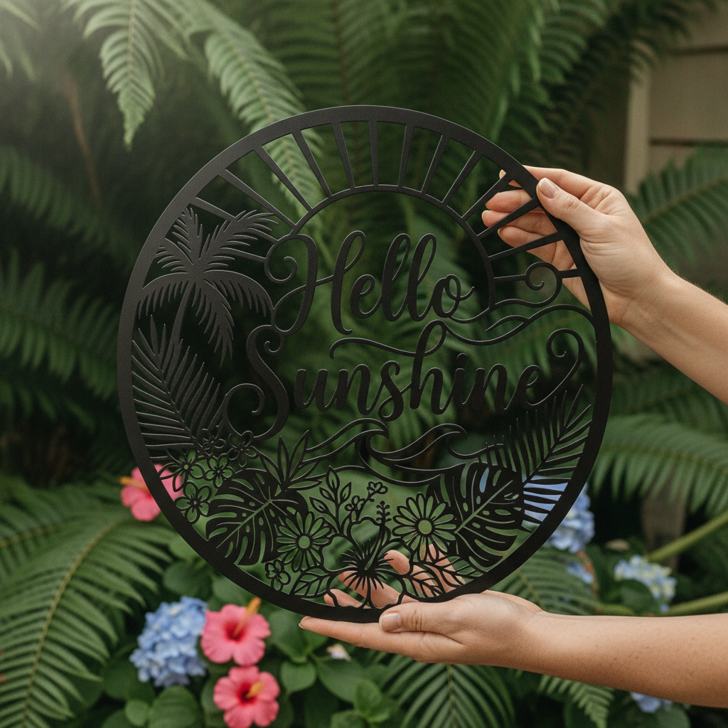 Rundes Metallschild Hello Sunshine mit Palmen, Sonne und Meer aus schwarzem Stahl – Bild 9