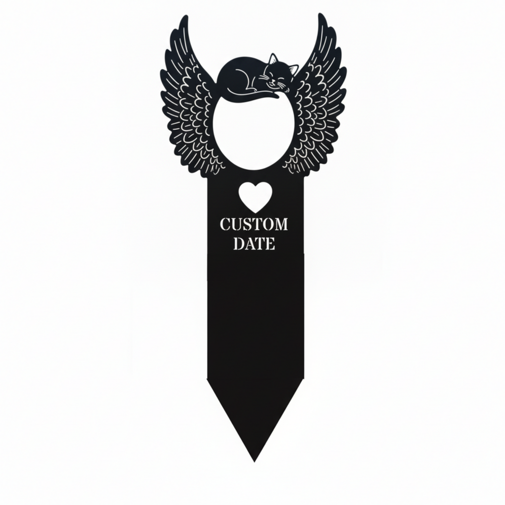 Personalized cat memorial garden stake with sleeping cat and angel wings in black steel – image 8