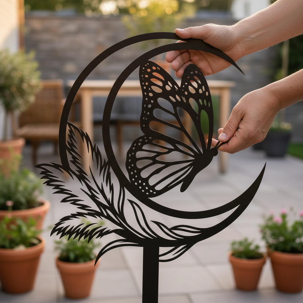 Butterfly with crescent moon and feather garden stake in black steel – image 10