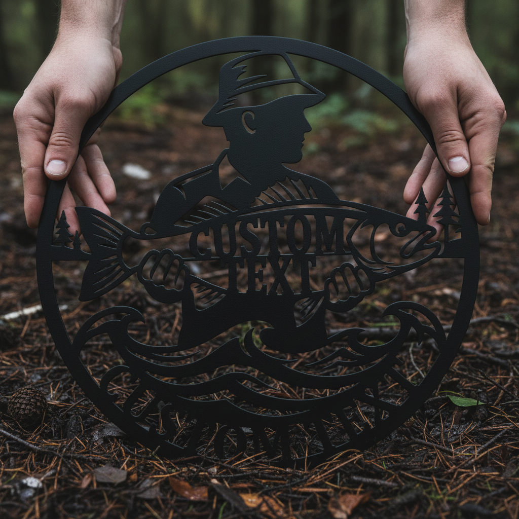 Personalisiertes Angler Metallschild mit Angelmotiv und Namen aus schwarzem Stahl – Bild 7