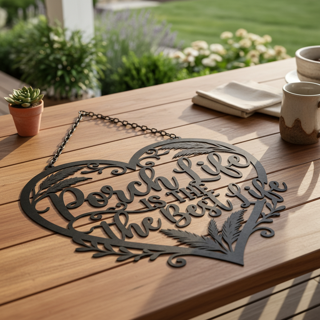 Metallschild in Herzform mit Veranda Spruch aus schwarzem Stahl – Bild 8