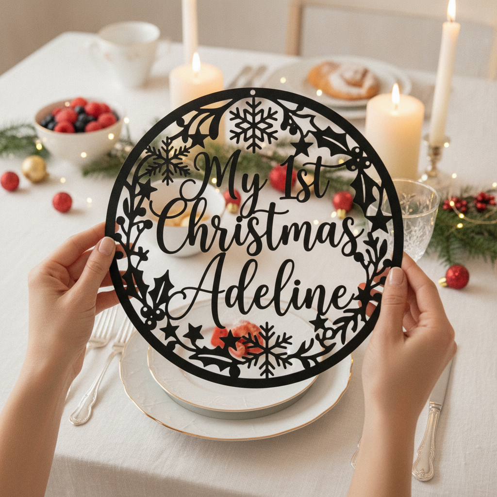 Personalisiertes Mein erstes Weihnachten Baby Metallschild rund – Bild 3