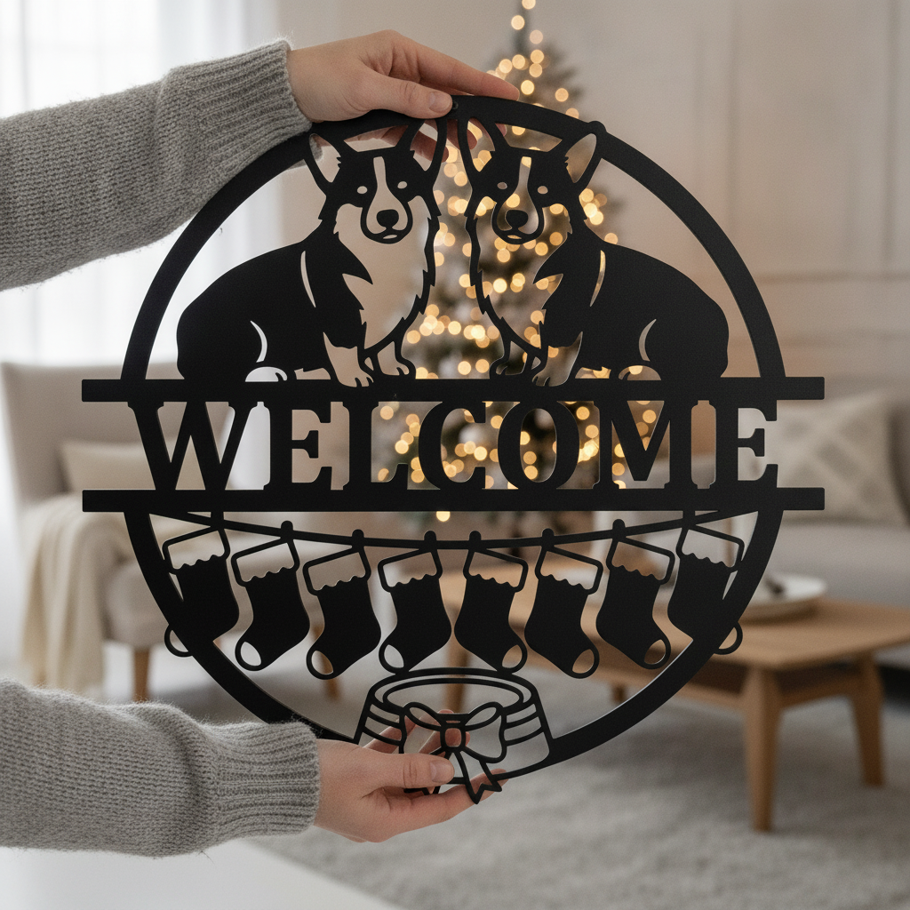 Corgi Welcome mit Weihnachtsstrümpfen Metallschild rund – Bild 3