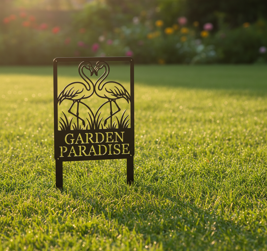 Personalized flamingo couple garden stake with name in black steel – image 3