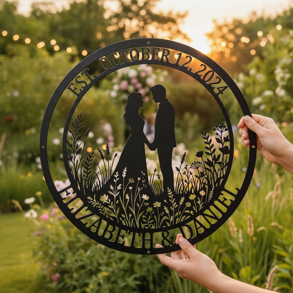 Personalized wedding metal sign with couple names and wedding date in black steel – image 5