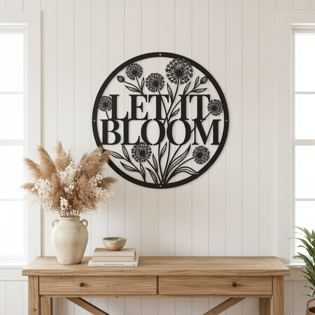 Personalized round dandelion metal sign with Let it Bloom and name in steel – image 3