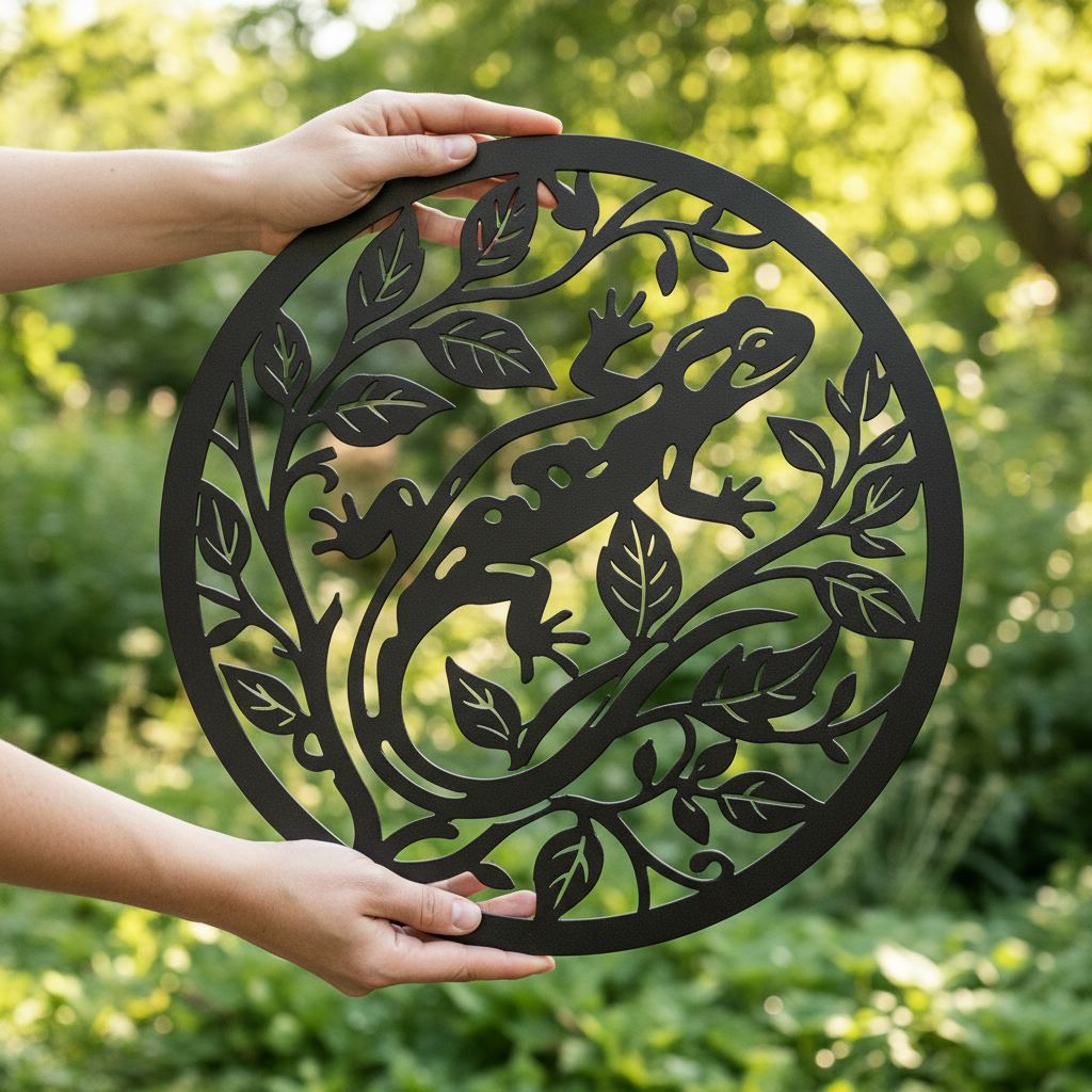 Round gecko in leaf wreath metal wall art in black steel – image 5