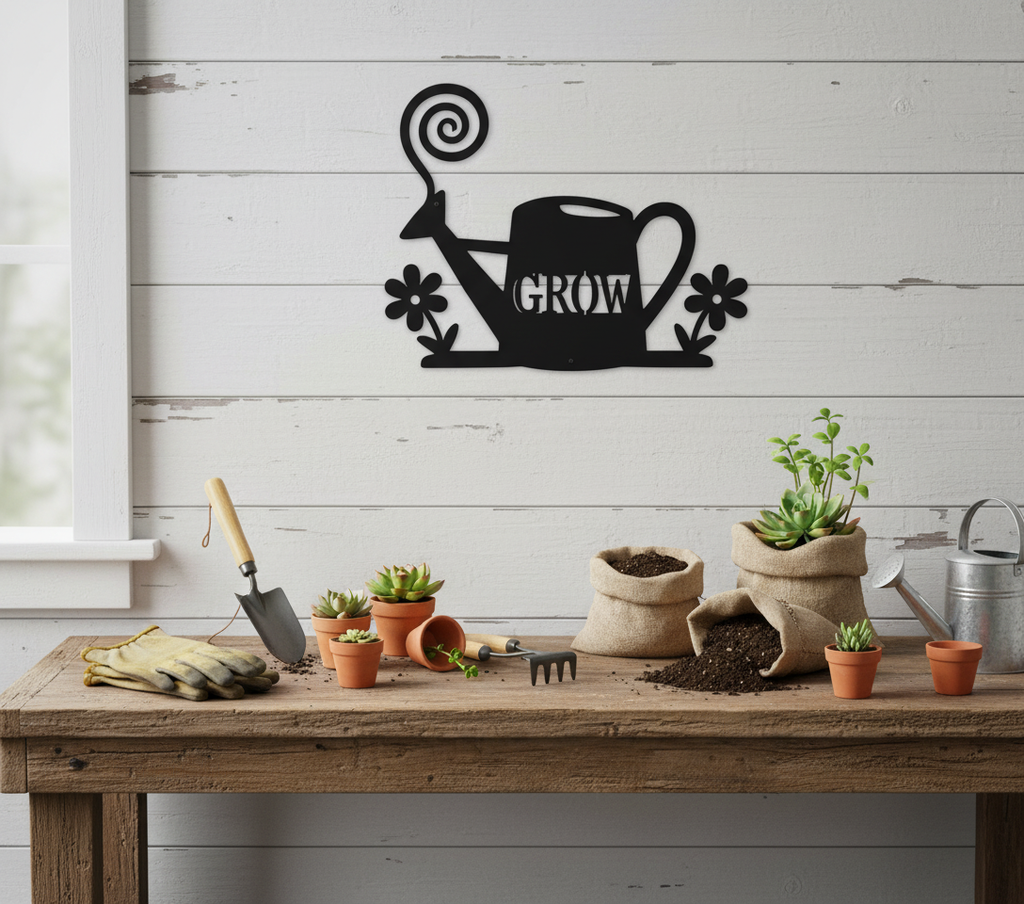 Metallschild Gießkanne mit Blumen aus schwarzem Stahl als Gartendeko – Bild 7