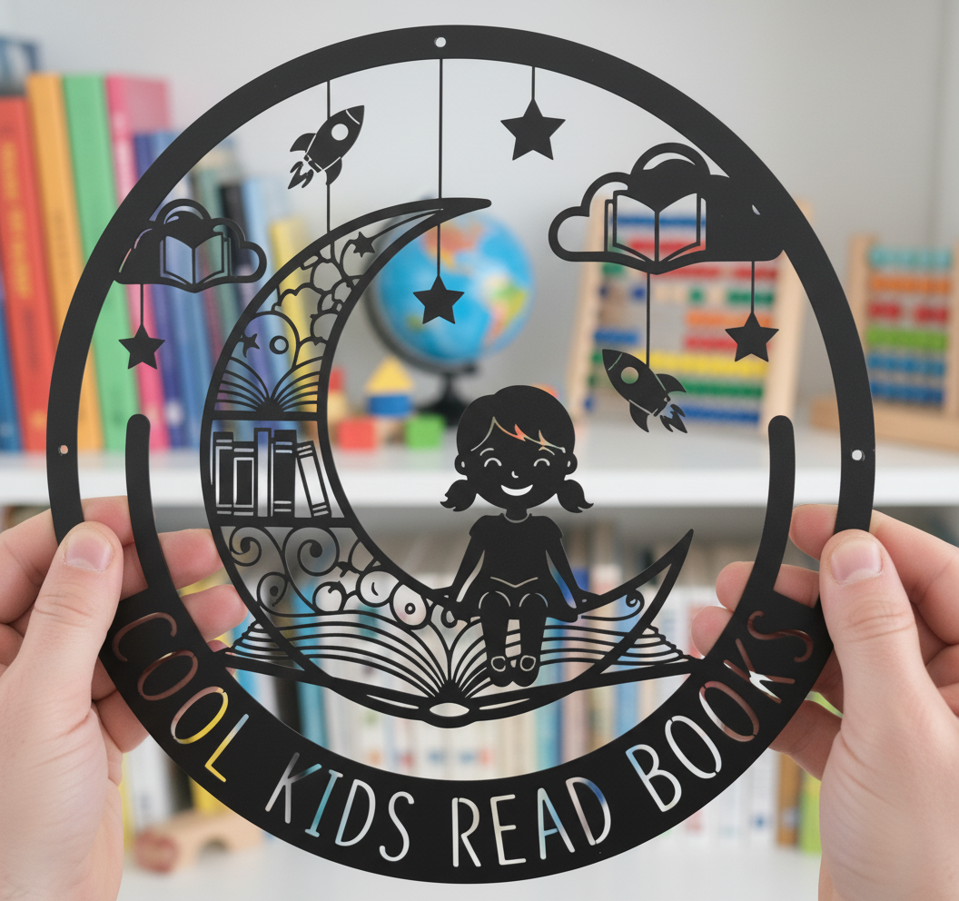 Personalized kids name sign with girl reading on the moon in black steel – image 2