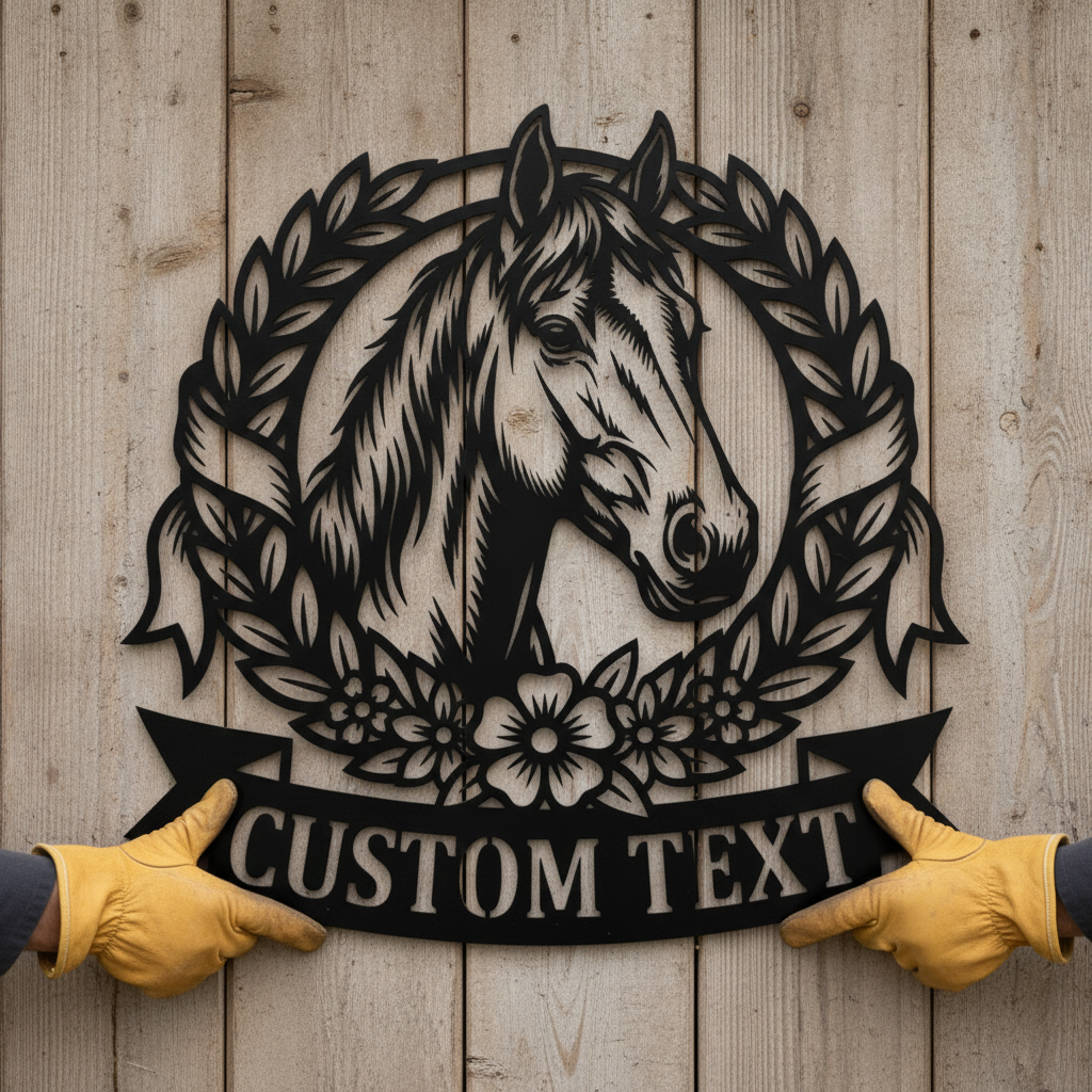 Personalized horse head metal sign with laurel wreath, flowers and name – image 3