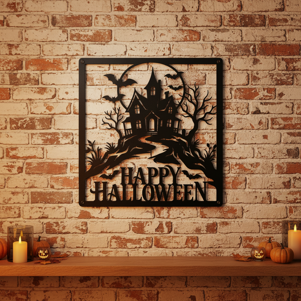 Quadratisches Halloween Metallschild mit Spukhaus, Vollmond und Fledermäusen – Bild 9