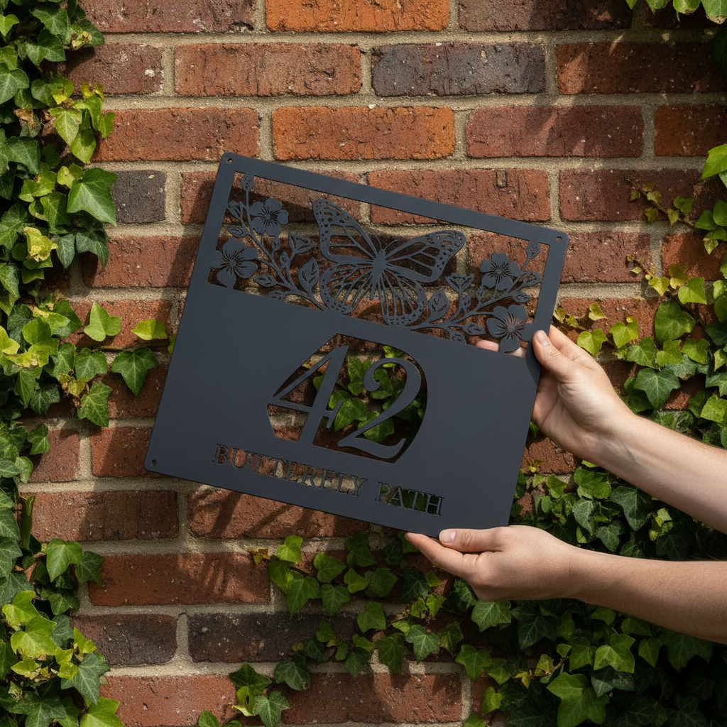 Personalized butterfly house number sign with flowers in black steel – image 9