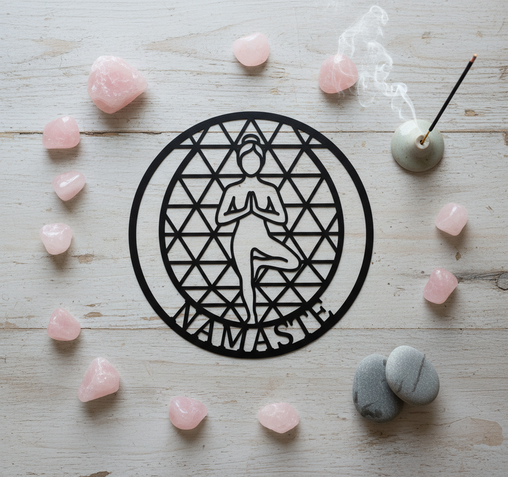 Runde Yoga Wanddeko aus Metall mit Namaste, Baumpose und heiliger Geometrie – Bild 6