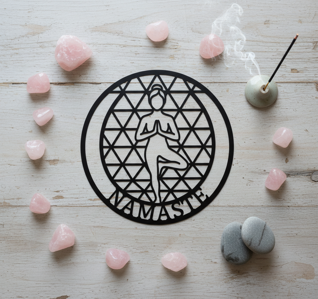 Runde Yoga Wanddeko aus Metall mit Namaste, Baumpose und heiliger Geometrie – Bild 6