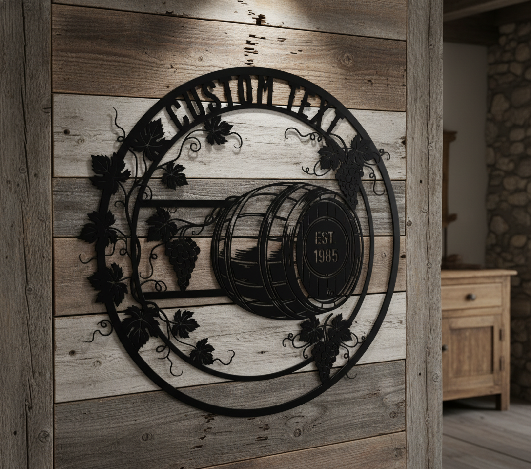 Personalized round wine barrel metal sign with grapevines, name and year – image 10
