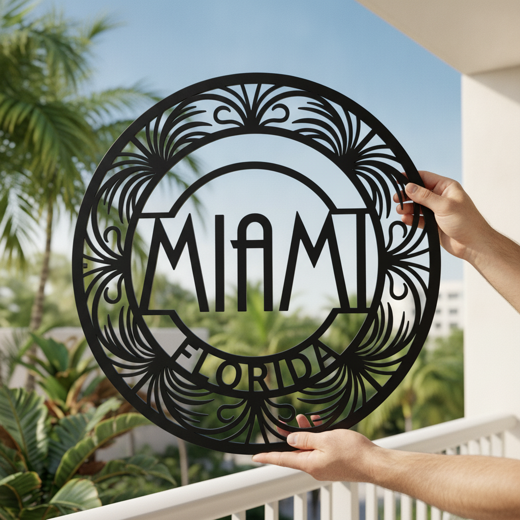 Round Miami metal sign with Art Deco buildings and palm trees in black steel – image 9
