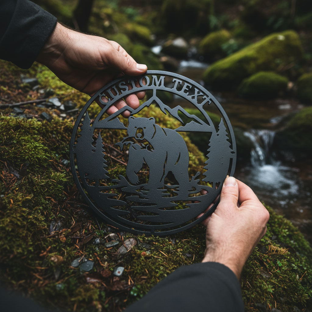 Personalized round grizzly bear metal sign with salmon, mountains and name in black steel – image 10