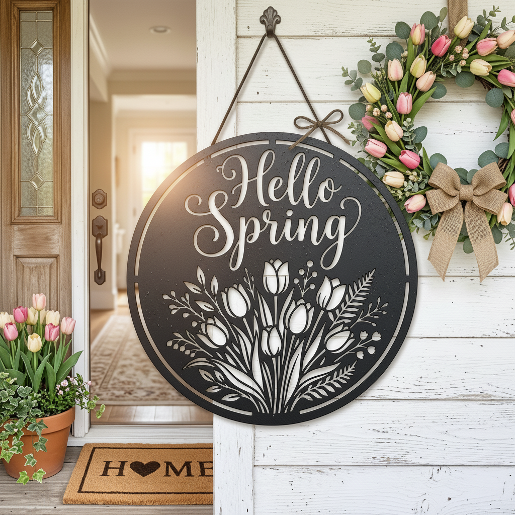Hello Spring Tulpenstrauß Metallschild rund – Bild 5