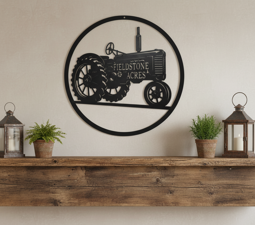 Personalisiertes rundes Hofschild mit Traktor und Hofname aus schwarzem Stahl – Bild 8