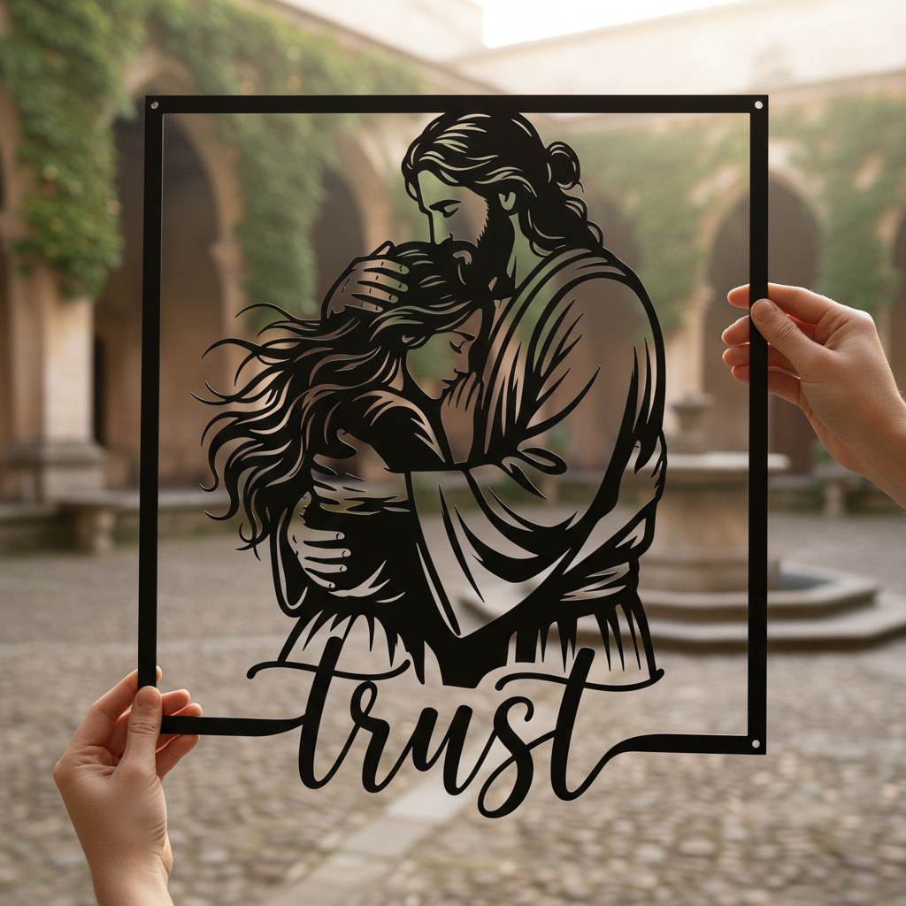 Personalized Jesus embrace metal sign with Trust in Jesus in black steel – image 5