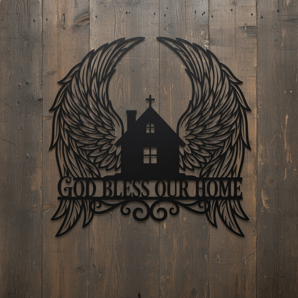 Personalized God Bless Our Home metal sign with angel wings in black steel – image 8