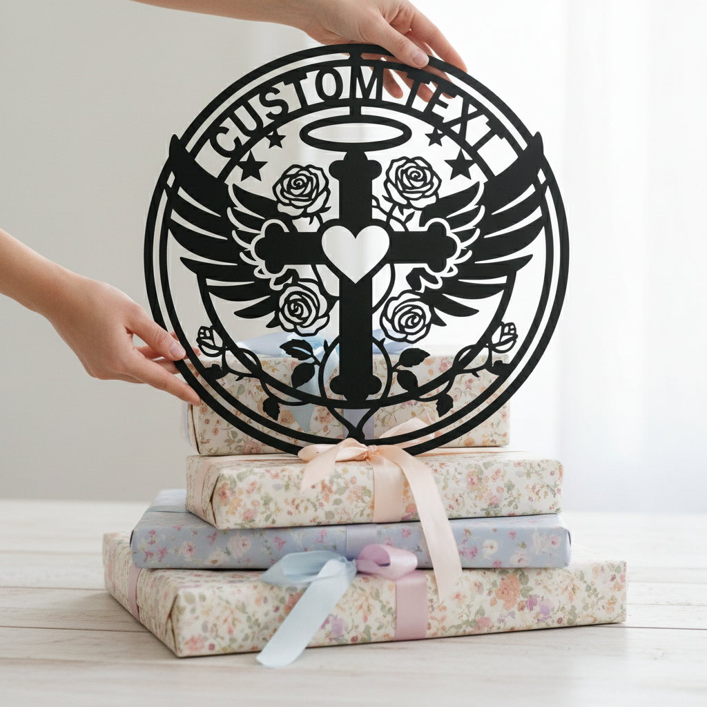 Personalisiertes Kreuz mit Engelsflügeln, Herz und Rosen Metallschild rund – Bild 6