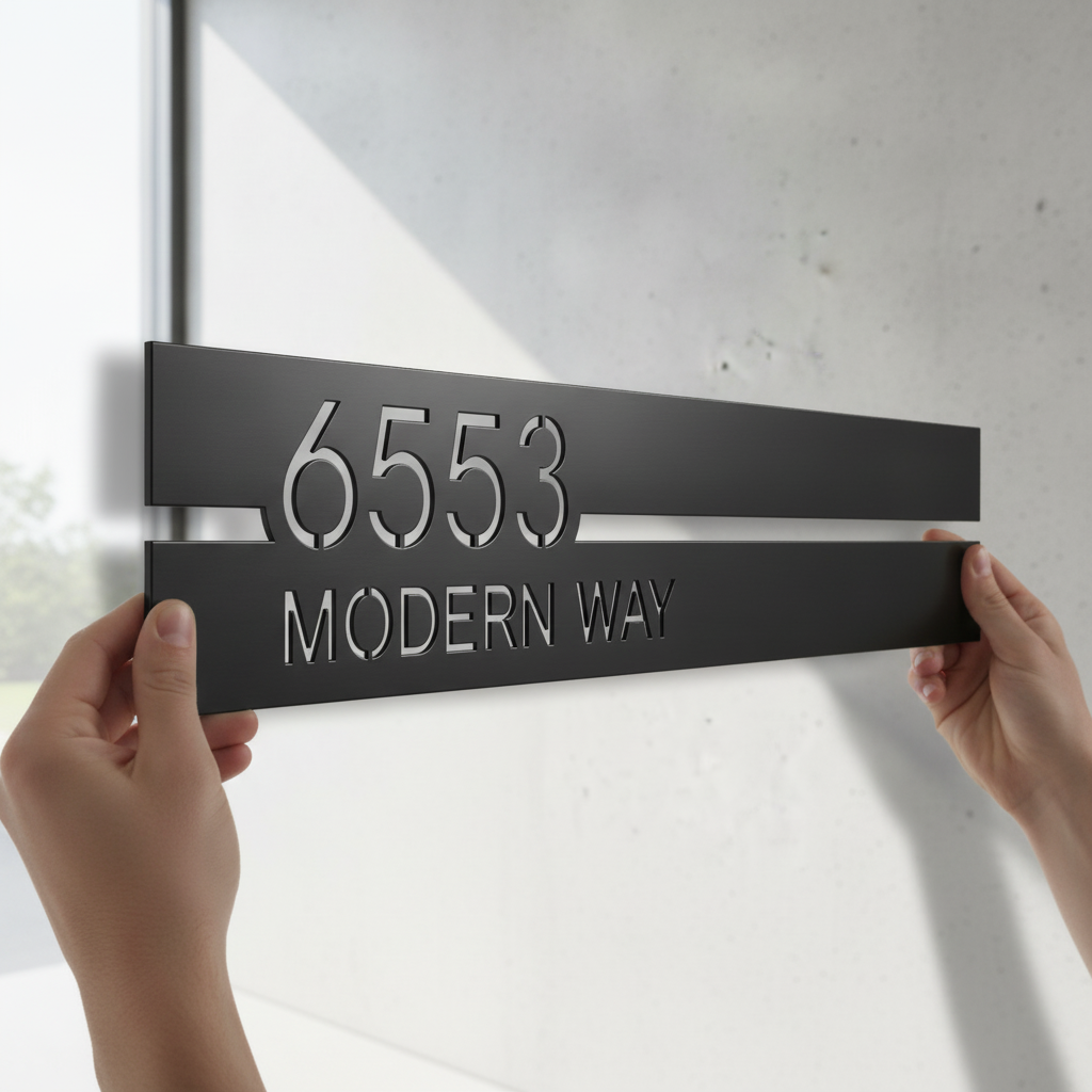 Modernes Hausnummernschild mit Straßenname als schlichtes Adressschild aus Stahl – Bild 5