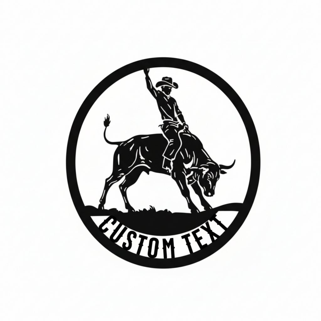 Personalized round rodeo bull rider metal sign with name in black steel – image 2