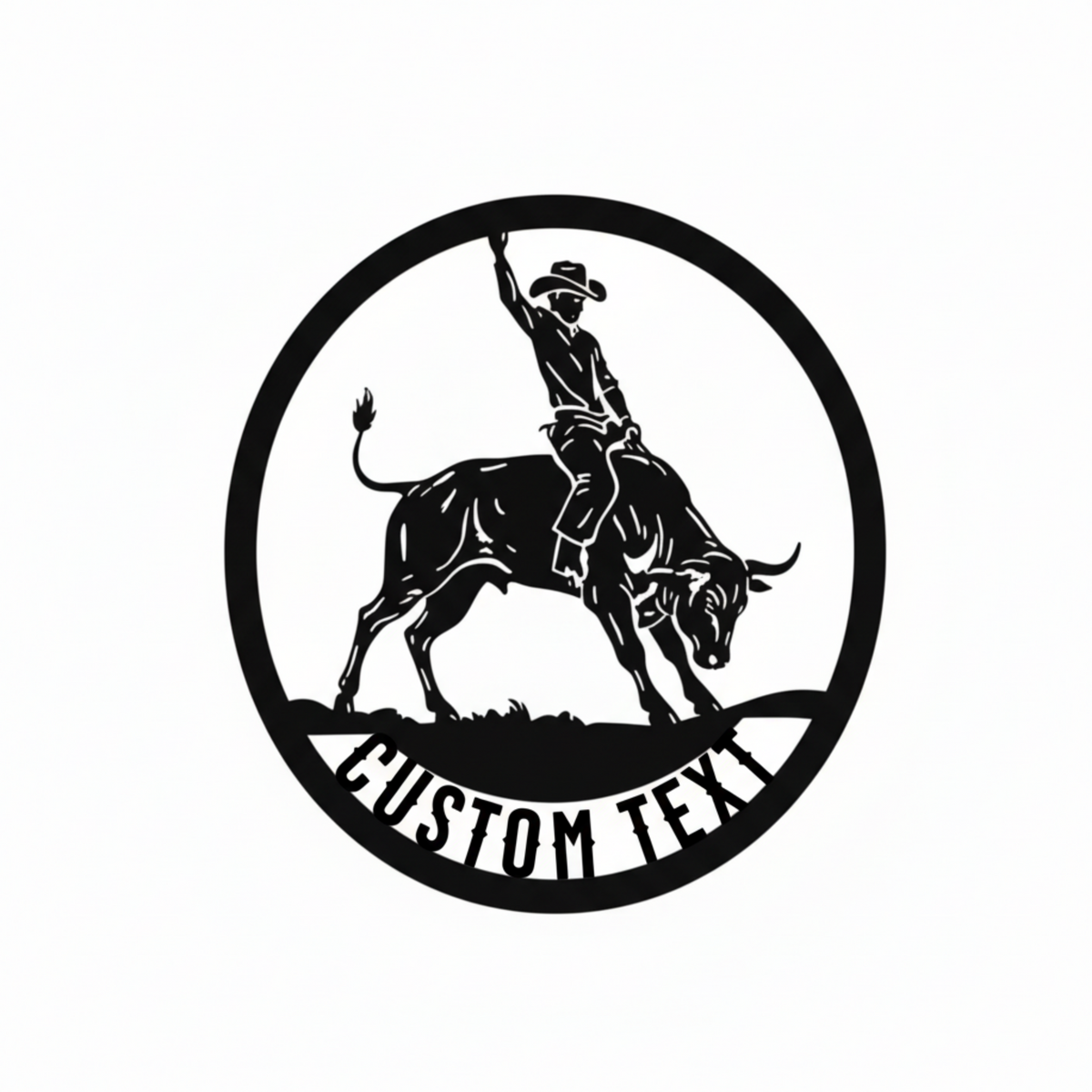 Personalized round rodeo bull rider metal sign with name in black steel – image 2