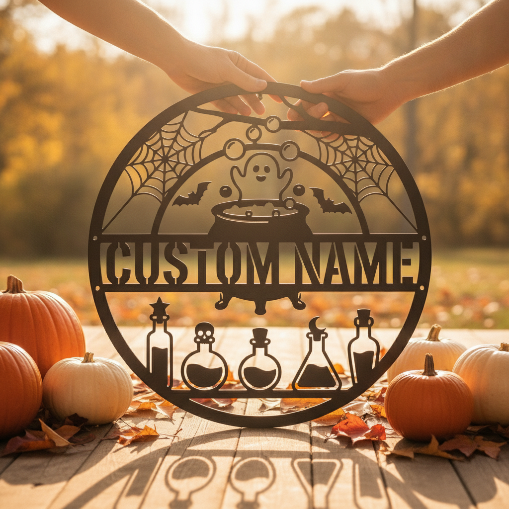 Personalized witch cauldron Halloween sign with name in black steel – image 2