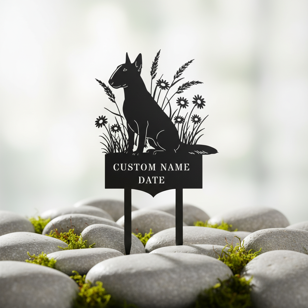 Personalized Bull Terrier memorial garden stake with dog name and dates in black steel – image 5