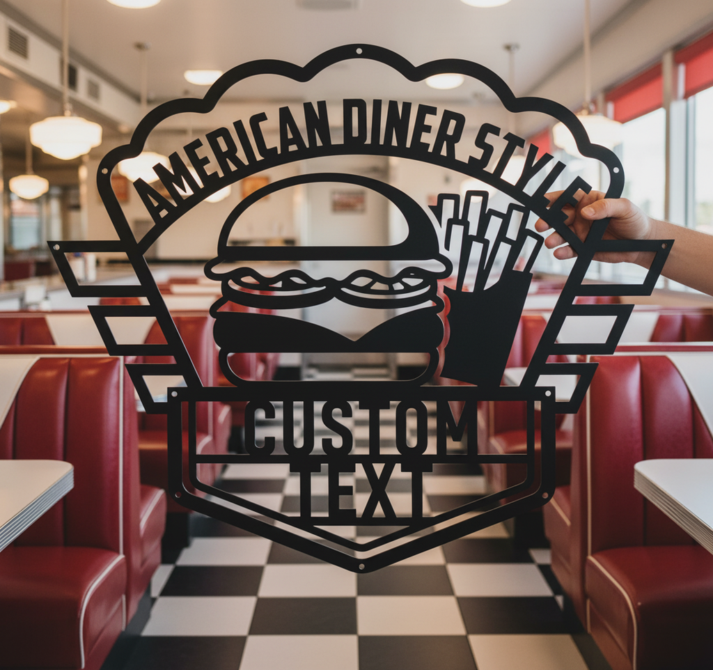 Personalized American diner metal sign with burger and fries in black steel – image 9