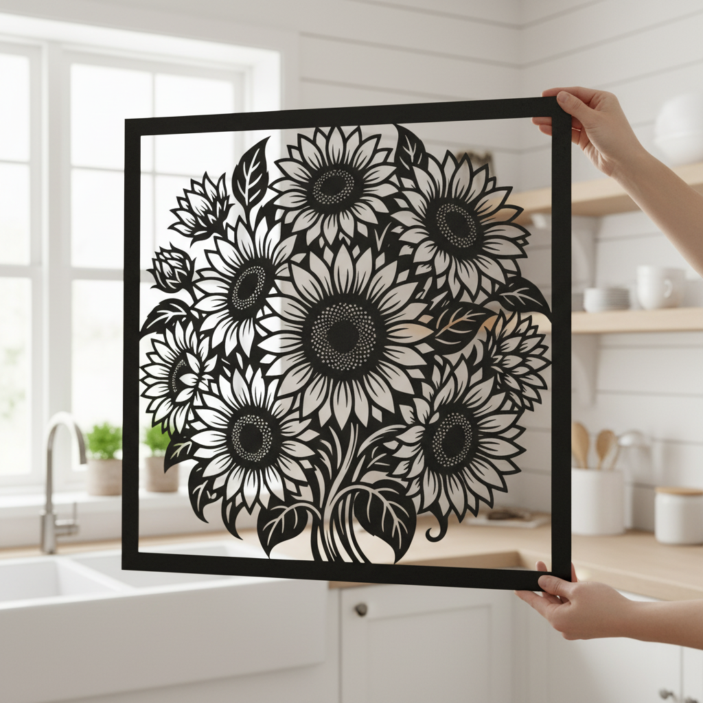 Quadratische Sonnenblumen Wanddeko aus Metall mit Sonnenblumenstrauß aus schwarzem Stahl – Bild 3