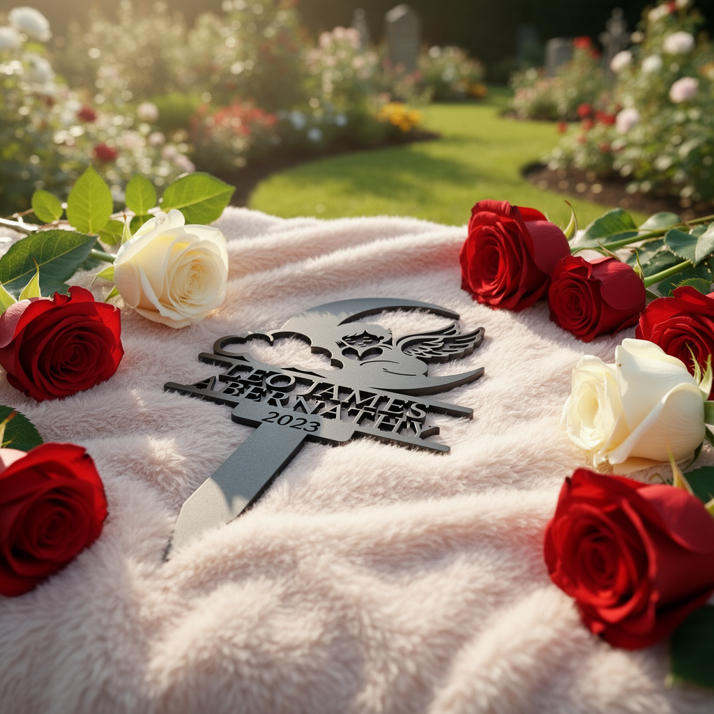 Personalized memorial stake with sleeping angel on crescent moon and cloud in black steel – image 7