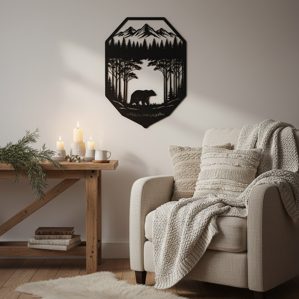 Bär mit Wald und Bergen auf Wappenschild Metall Wanddeko – Bild 5