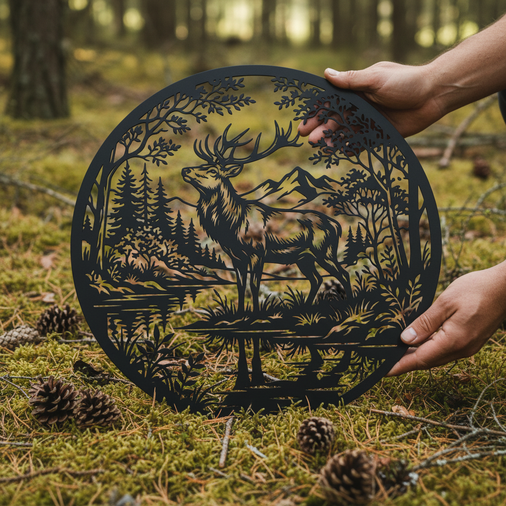 Majestätischer Hirsch mit großem Geweih vor Wald und Fluss, rundes Metallschild aus Stahl – Bild 2