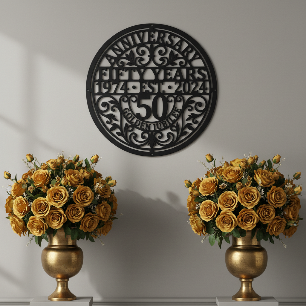 Personalisiertes rundes Metallschild zur Goldenen Hochzeit mit Namen und Datum aus Stahl – Bild 4