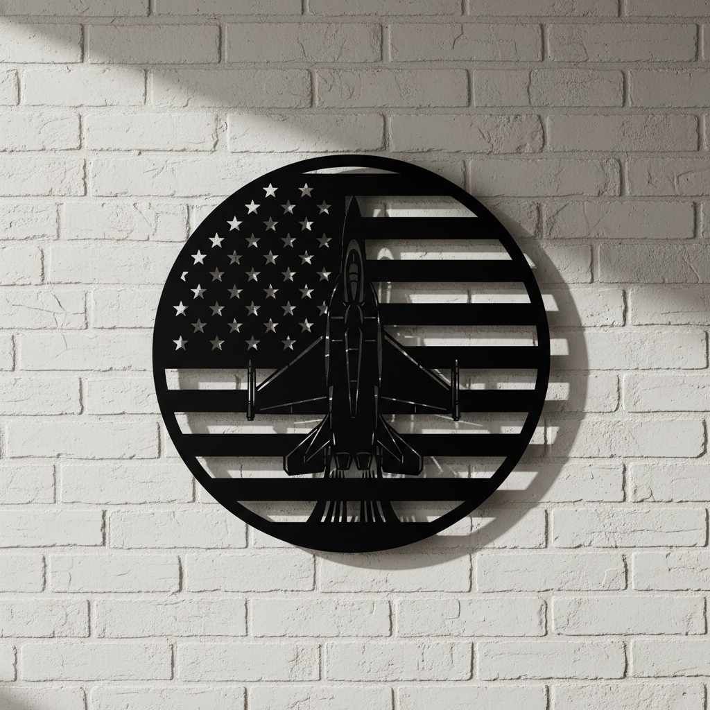 Round fighter jet metal sign with American flag in black steel – image 6