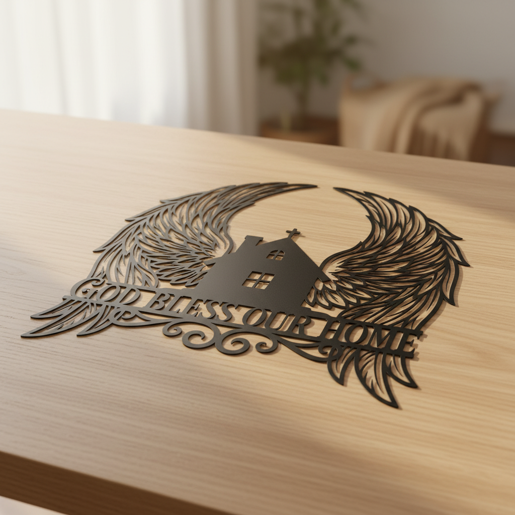 Personalized God Bless Our Home metal sign with angel wings in black steel – image 7