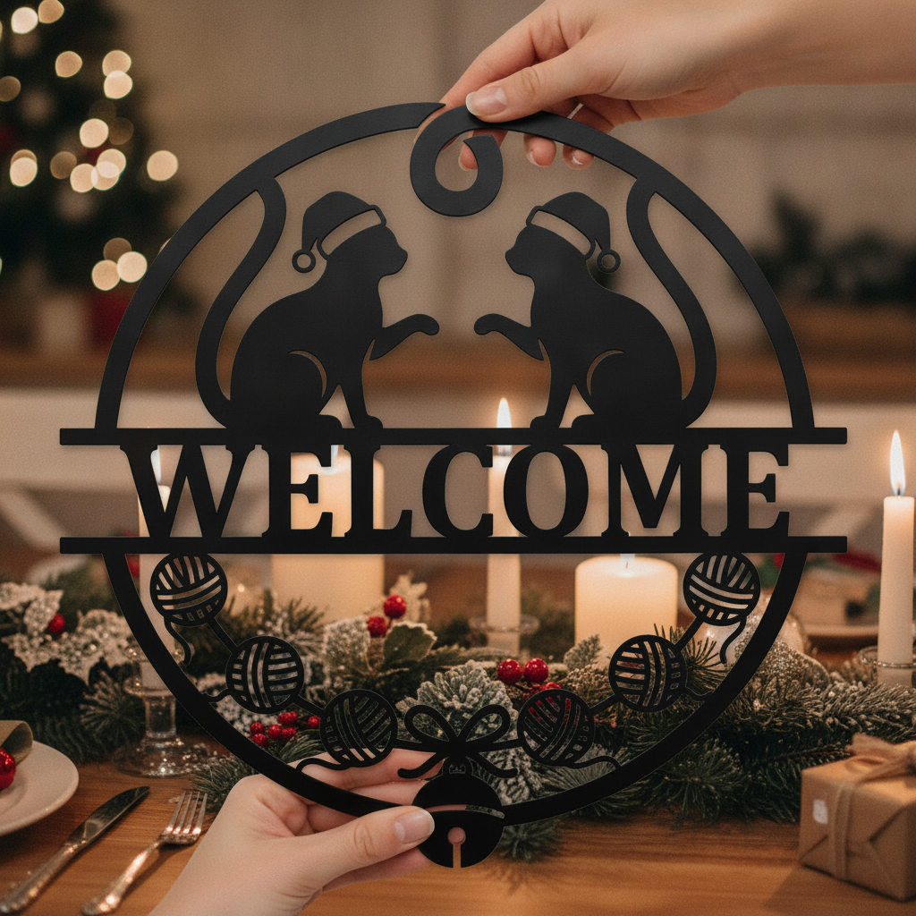 Personalisiertes Weihnachtskatze Willkommensschild mit Namen aus schwarzem Stahl – Bild 6